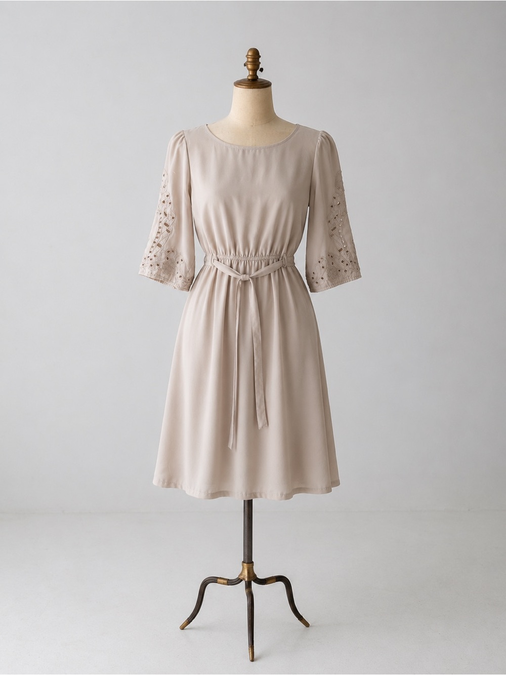 H&M Soft Beige Belted A-Line Dress with Eyelet Sleeves